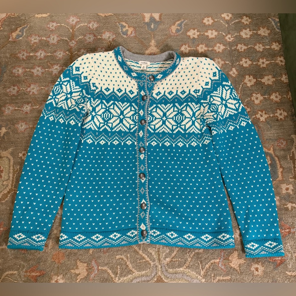 L.L. Bean Fair‎ Isle Teal Cream Nordic Snowflake Cotton Knit Cardigan Women’s M